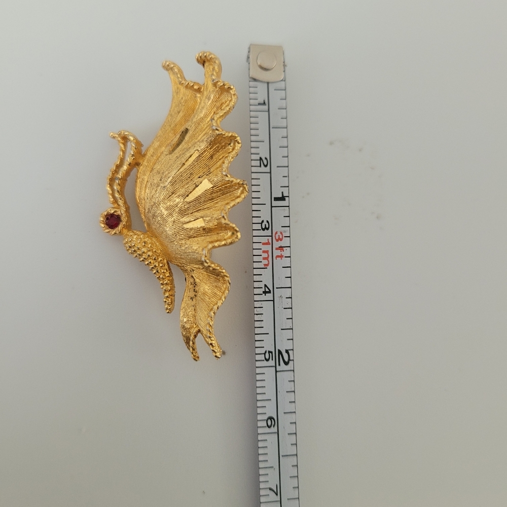 Vintage Mamselle Butterfly Brooch Pin w/ Red Rhinestone Eye in Gold Tone